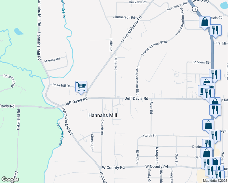 map of restaurants, bars, coffee shops, grocery stores, and more near 107 Salter Road in Thomaston