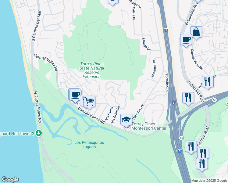 map of restaurants, bars, coffee shops, grocery stores, and more near 12927 Via Grimaldi in Del Mar