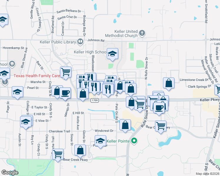 map of restaurants, bars, coffee shops, grocery stores, and more near 837 Keller Parkway in Keller