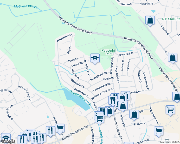 map of restaurants, bars, coffee shops, grocery stores, and more near 7651 Northhaven Drive in North Charleston