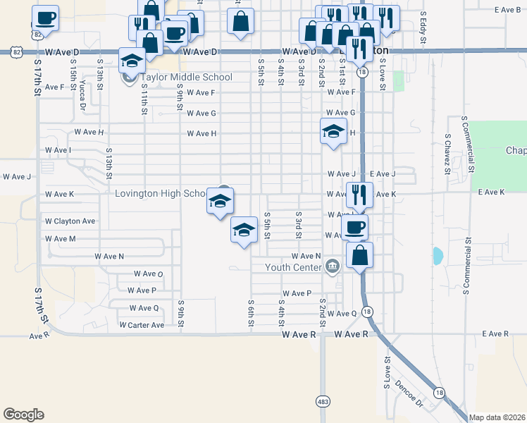 map of restaurants, bars, coffee shops, grocery stores, and more near 1300 South 5th Street in Lovington