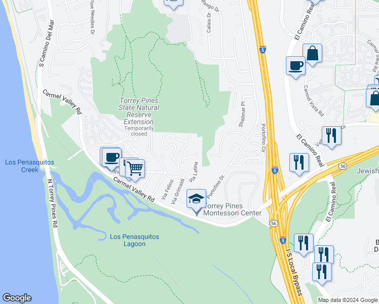 map of restaurants, bars, coffee shops, grocery stores, and more near 13027 Via Latina in Del Mar