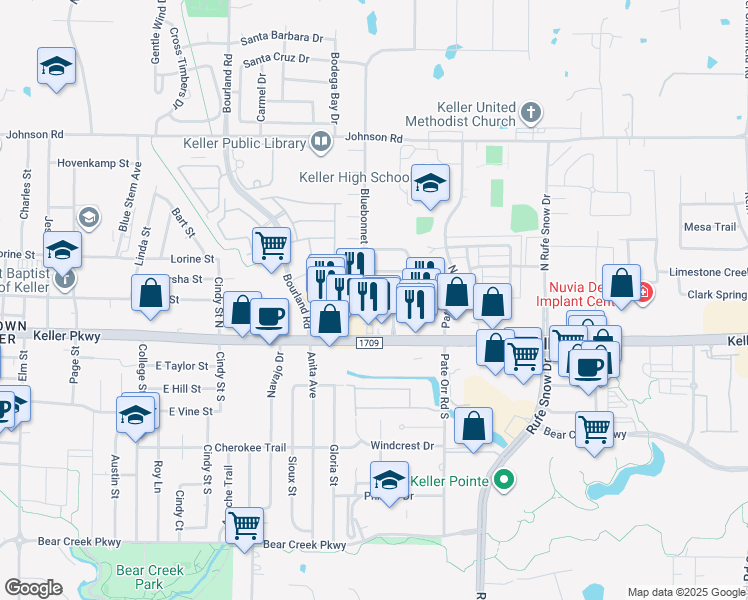 map of restaurants, bars, coffee shops, grocery stores, and more near 726 Bluebonnet Drive in Keller
