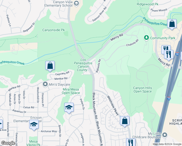 map of restaurants, bars, coffee shops, grocery stores, and more near 11802 Black Mountain Road in San Diego
