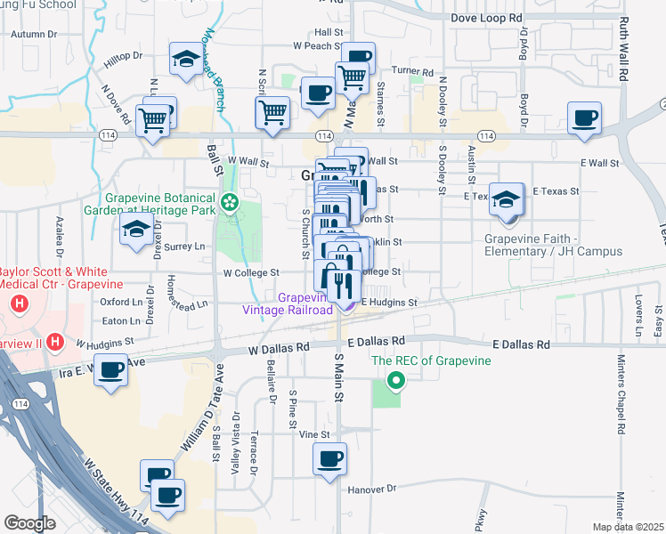 map of restaurants, bars, coffee shops, grocery stores, and more near in Grapevine