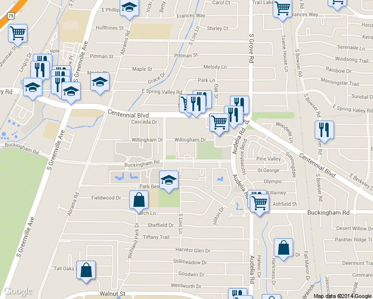 map of restaurants, bars, coffee shops, grocery stores, and more near 535 Buckingham Road in Richardson
