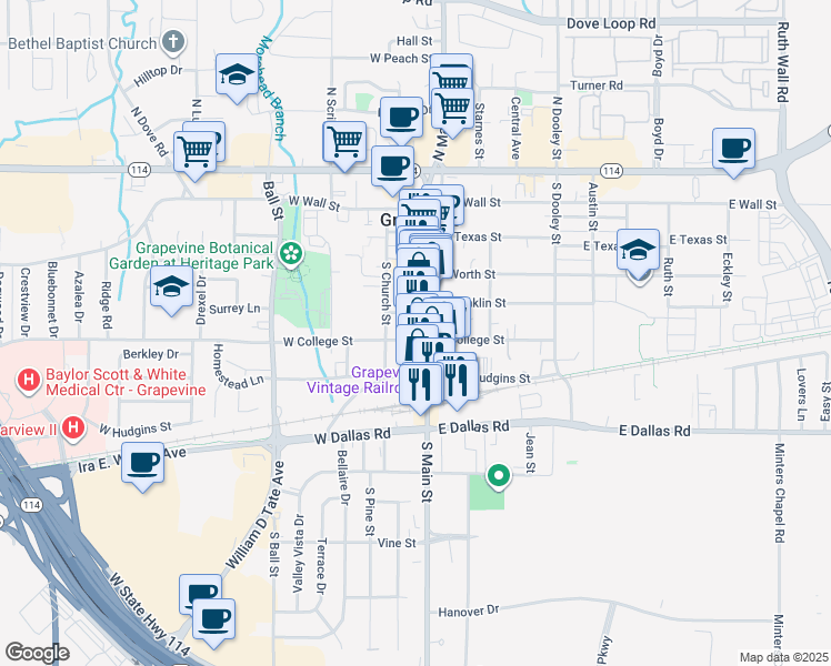 map of restaurants, bars, coffee shops, grocery stores, and more near in Grapevine