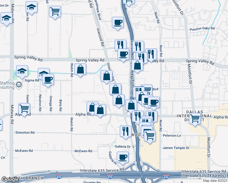 map of restaurants, bars, coffee shops, grocery stores, and more near 13625 Inwood Road in Farmers Branch