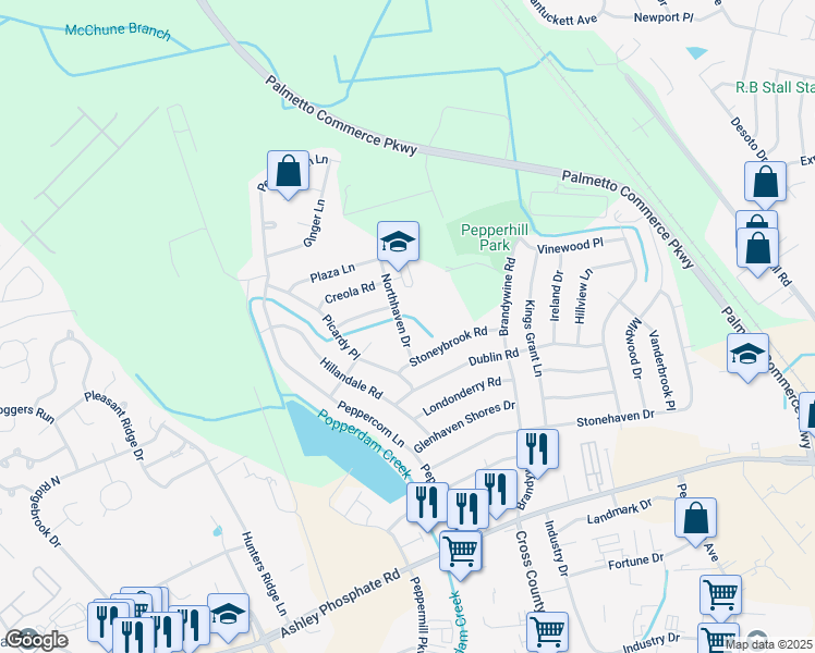 map of restaurants, bars, coffee shops, grocery stores, and more near 7651 Northhaven Drive in North Charleston