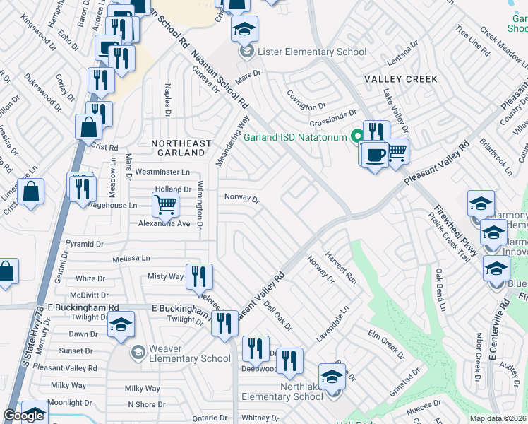 map of restaurants, bars, coffee shops, grocery stores, and more near 2425 Norway Drive in Garland