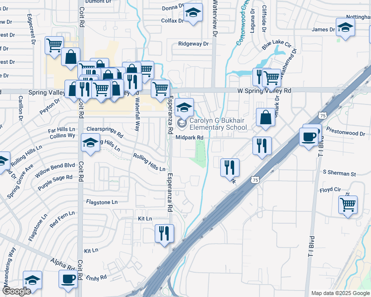 map of restaurants, bars, coffee shops, grocery stores, and more near 13646 Esperanza Road in Dallas