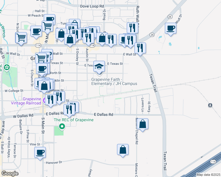 map of restaurants, bars, coffee shops, grocery stores, and more near 826 East Walnut Street in Grapevine