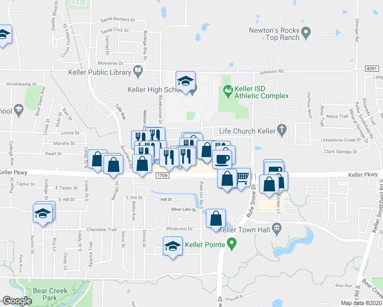 map of restaurants, bars, coffee shops, grocery stores, and more near 837 Keller Parkway in Keller