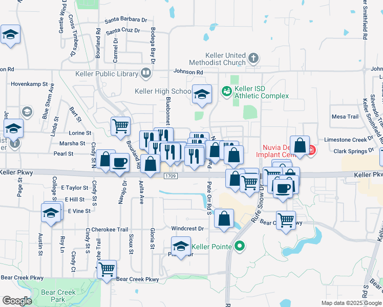 map of restaurants, bars, coffee shops, grocery stores, and more near 837 Keller Parkway in Keller