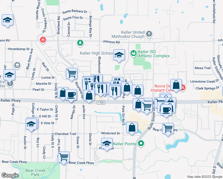 map of restaurants, bars, coffee shops, grocery stores, and more near 730 Bluebonnet Drive in Keller