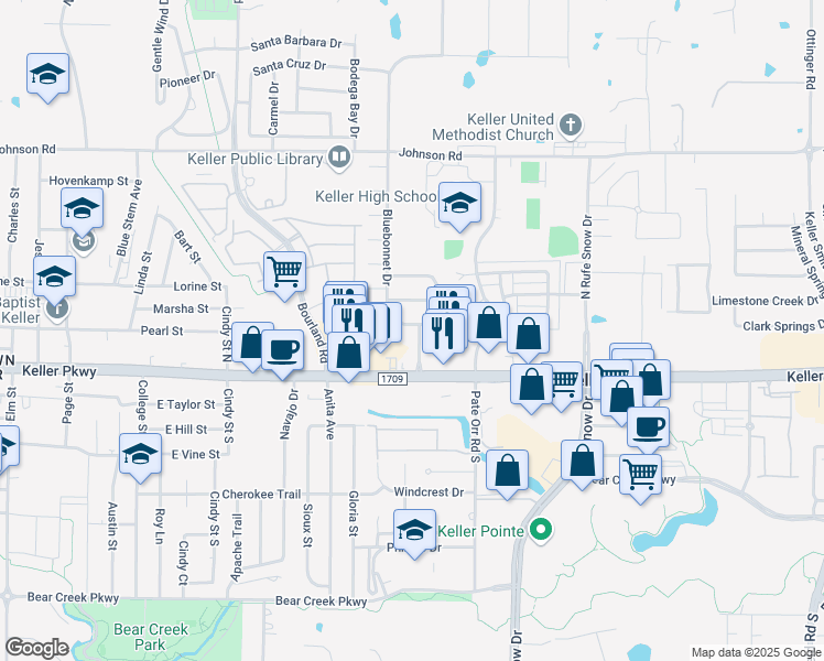 map of restaurants, bars, coffee shops, grocery stores, and more near 730 Bluebonnet Drive in Keller