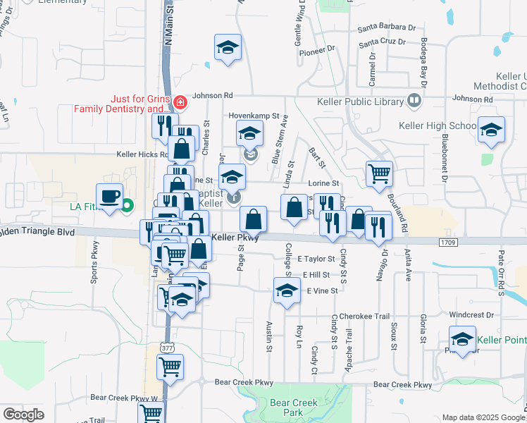 map of restaurants, bars, coffee shops, grocery stores, and more near 352 Pearl Street in Keller