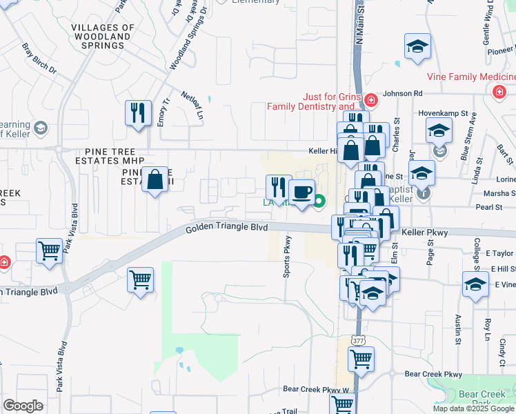 map of restaurants, bars, coffee shops, grocery stores, and more near 5640 Keller Ranch Road in Fort Worth