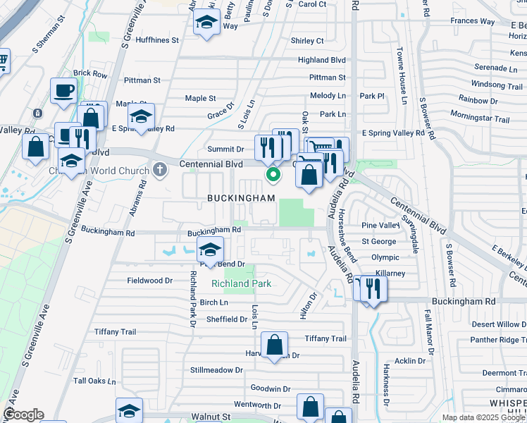 map of restaurants, bars, coffee shops, grocery stores, and more near 535 Buckingham Road in Richardson