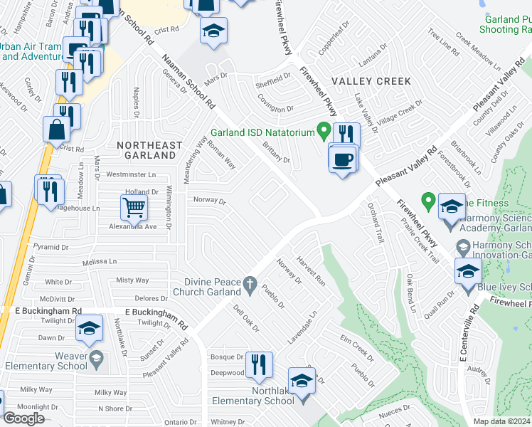 map of restaurants, bars, coffee shops, grocery stores, and more near 2406 Shalimar Drive in Garland