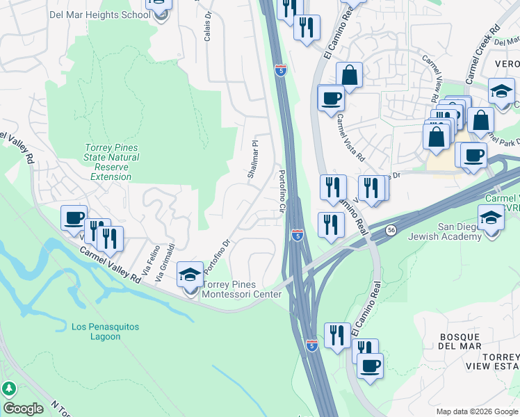 map of restaurants, bars, coffee shops, grocery stores, and more near 12960 Caminito Bodega in Del Mar