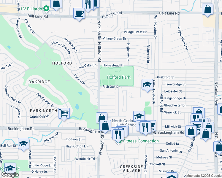 map of restaurants, bars, coffee shops, grocery stores, and more near 2401 Emerson Drive in Garland