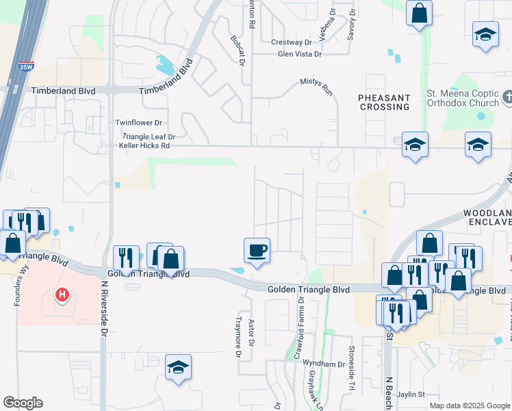 map of restaurants, bars, coffee shops, grocery stores, and more near 11040 Peninsula Lane in Fort Worth