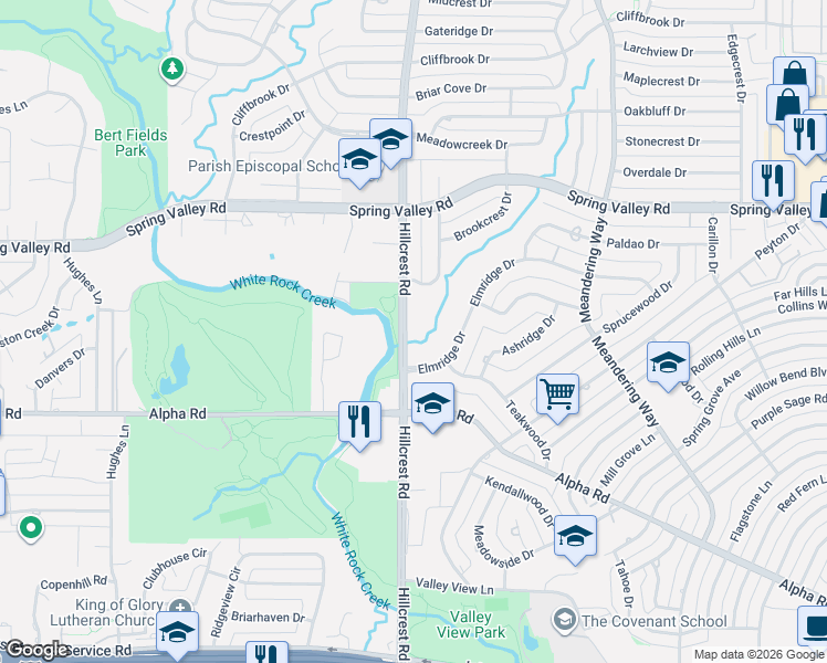 map of restaurants, bars, coffee shops, grocery stores, and more near 13828 Hillcrest Road in Dallas