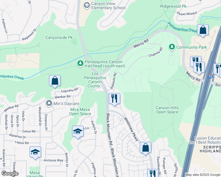 map of restaurants, bars, coffee shops, grocery stores, and more near 11802 Black Mountain Road in San Diego