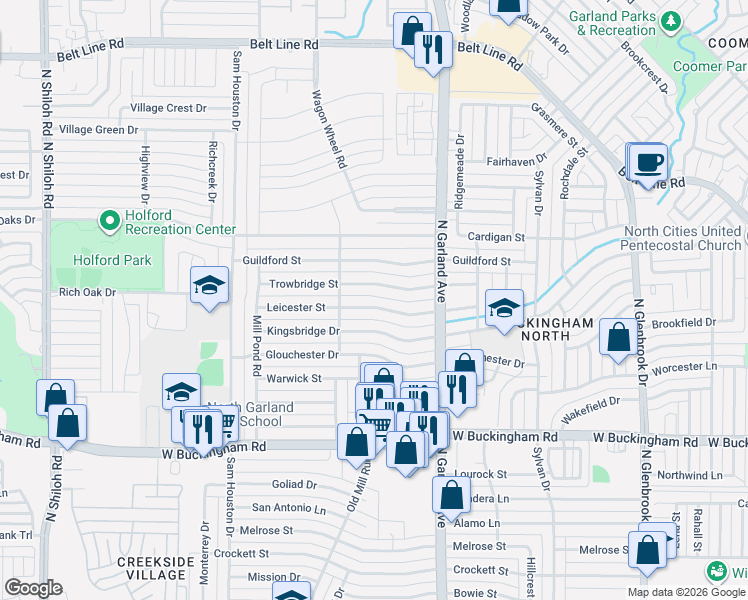 map of restaurants, bars, coffee shops, grocery stores, and more near 1518 Leicester Street in Garland