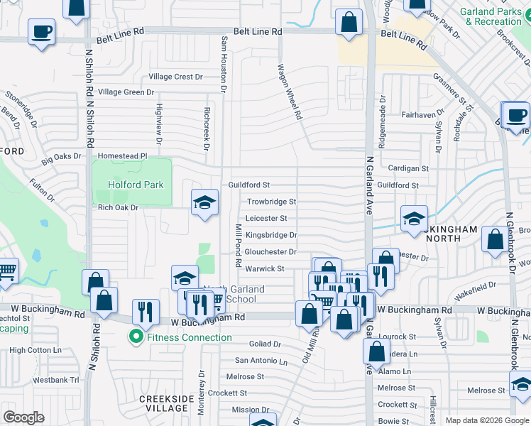 map of restaurants, bars, coffee shops, grocery stores, and more near 1726 Leicester Street in Garland