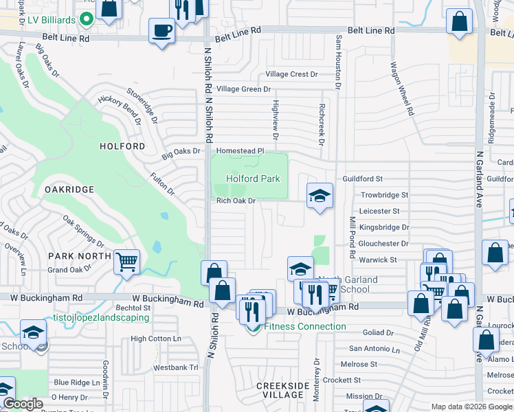 map of restaurants, bars, coffee shops, grocery stores, and more near 2324 Windy Drive in Garland