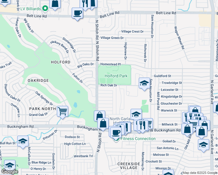 map of restaurants, bars, coffee shops, grocery stores, and more near 2401 Emerson Drive in Garland