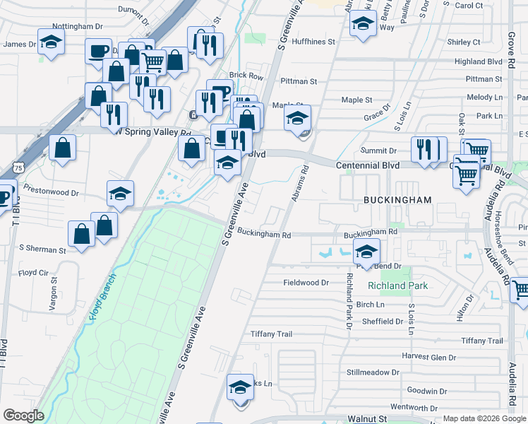 map of restaurants, bars, coffee shops, grocery stores, and more near 885 Cotswolds Court in Richardson