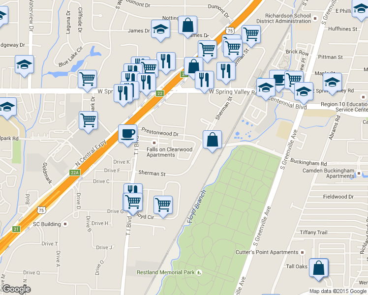 map of restaurants, bars, coffee shops, grocery stores, and more near 333 Prestonwood Drive in Richardson
