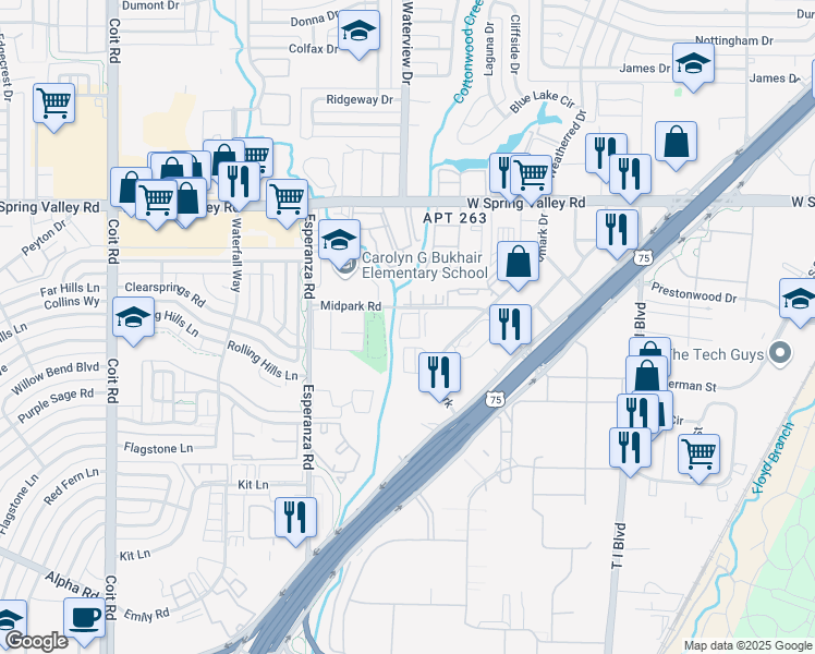 map of restaurants, bars, coffee shops, grocery stores, and more near 8550 Midpark Road in Dallas