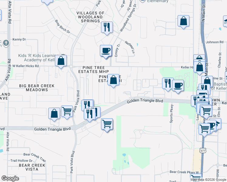 map of restaurants, bars, coffee shops, grocery stores, and more near 11325 Golden Triangle Circle in Keller