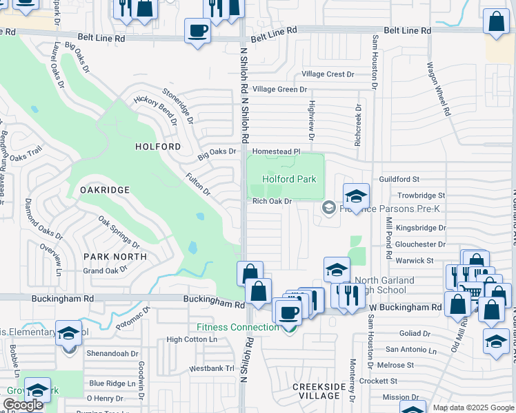 map of restaurants, bars, coffee shops, grocery stores, and more near 2430 Richoak Drive in Garland