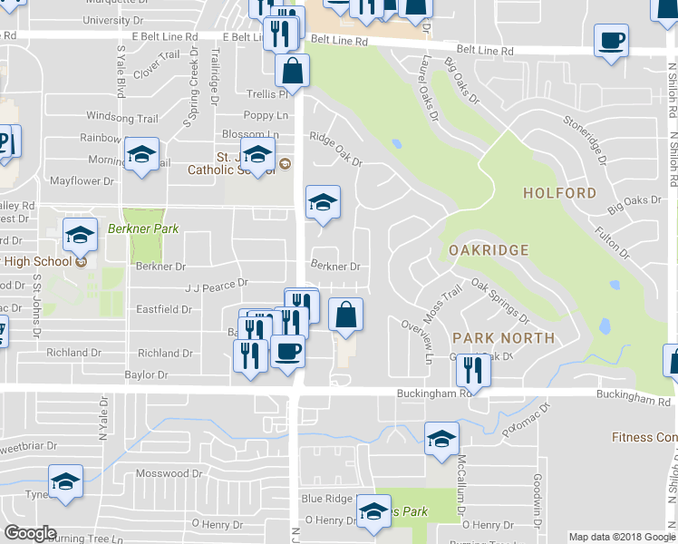 map of restaurants, bars, coffee shops, grocery stores, and more near 3318 Berkner Drive in Garland