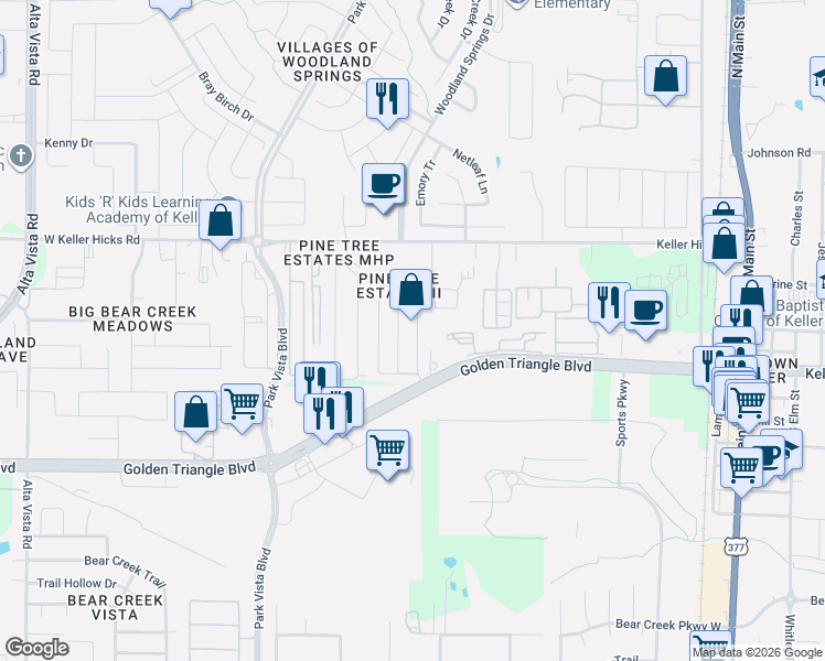map of restaurants, bars, coffee shops, grocery stores, and more near 11325 Golden Triangle Circle in Keller