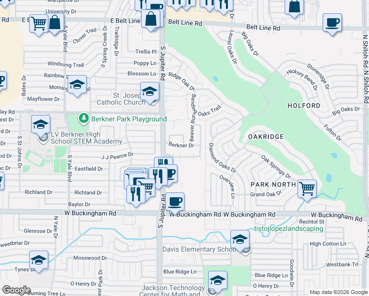 map of restaurants, bars, coffee shops, grocery stores, and more near 3403 Briaroaks Drive in Garland