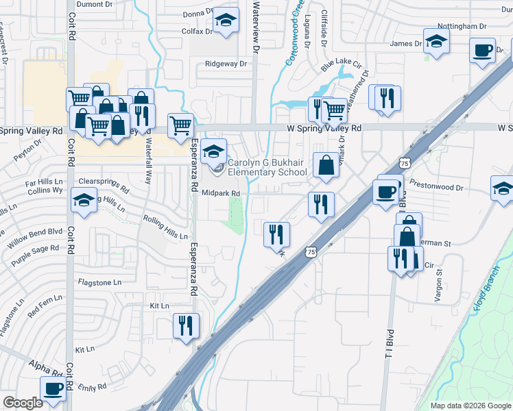 map of restaurants, bars, coffee shops, grocery stores, and more near 8550 Midpark Road in Dallas
