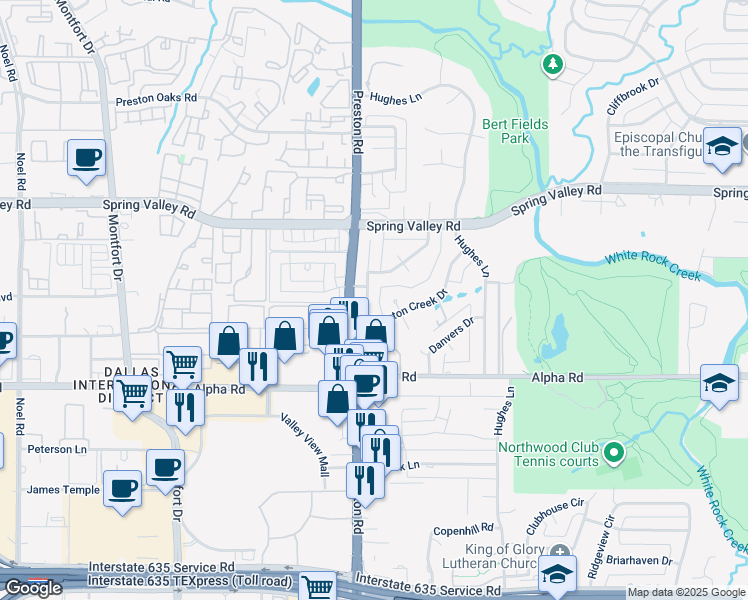 map of restaurants, bars, coffee shops, grocery stores, and more near 6119 Preston Creek Drive in Dallas