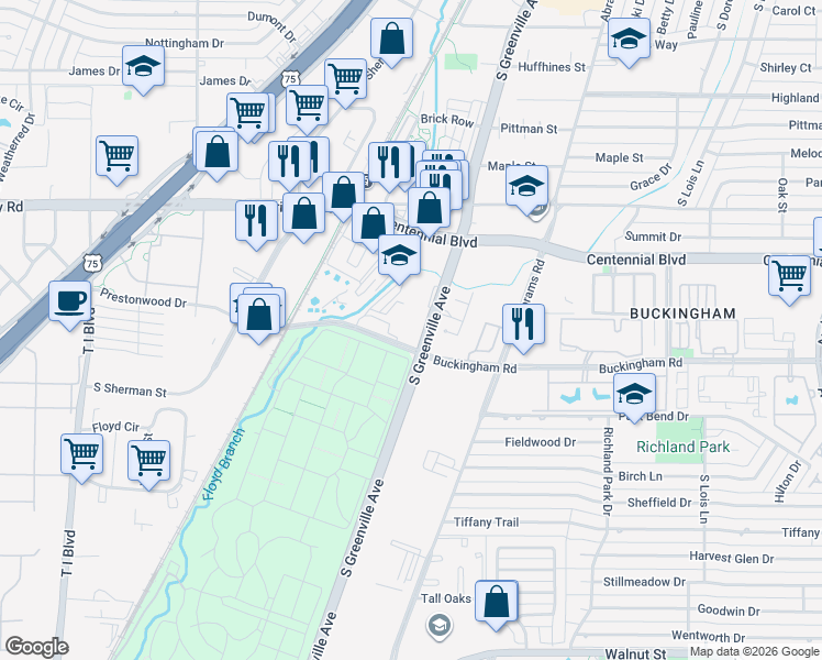 map of restaurants, bars, coffee shops, grocery stores, and more near 932 South Greenville Avenue in Richardson