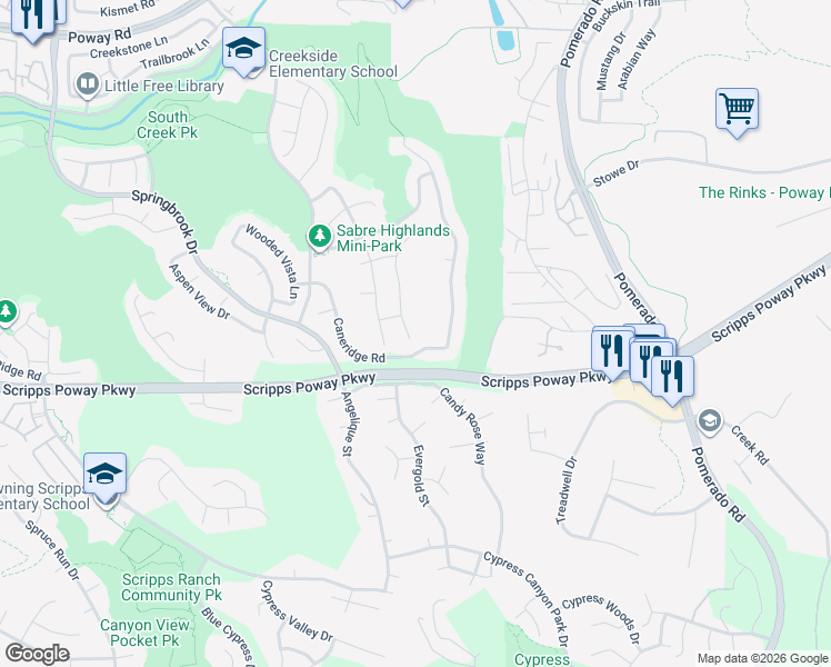 map of restaurants, bars, coffee shops, grocery stores, and more near 11911 Dapple Way in San Diego