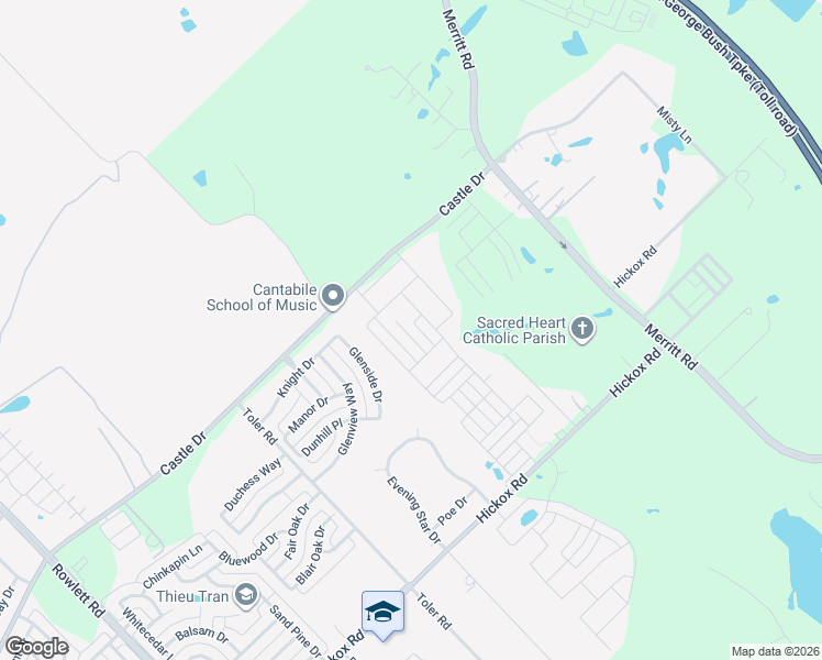 map of restaurants, bars, coffee shops, grocery stores, and more near 3200 Castle Drive in Rowlett