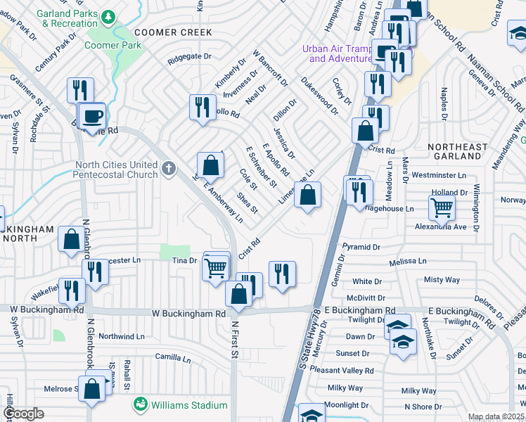 map of restaurants, bars, coffee shops, grocery stores, and more near 2224 Limestone Lane in Garland