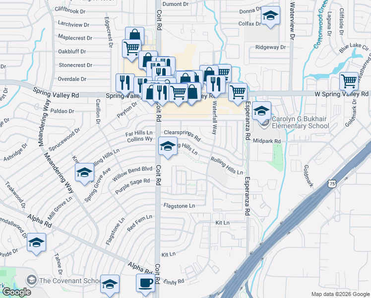 map of restaurants, bars, coffee shops, grocery stores, and more near 13860 Rolling Hills Lane in Dallas