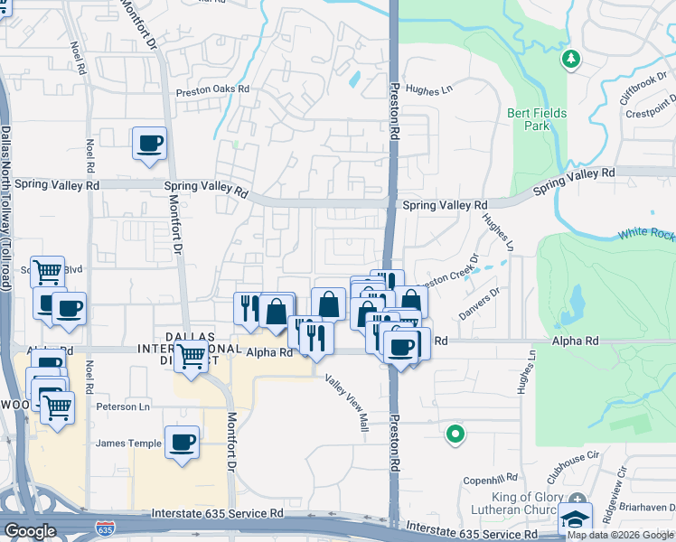 map of restaurants, bars, coffee shops, grocery stores, and more near 5881 Preston View Boulevard in Dallas