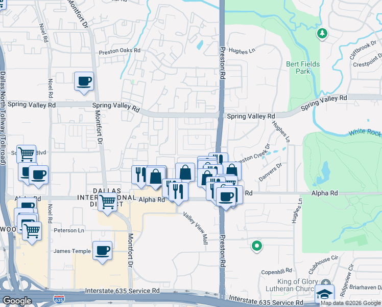 map of restaurants, bars, coffee shops, grocery stores, and more near 5881 Preston View Boulevard in Dallas